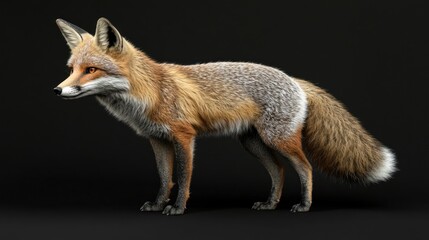 Fototapeta premium Realistic depiction of a standing fox showcasing intricate fur textures and natural colors against a dark background, highlighting the elegance and agility of this wild animal.