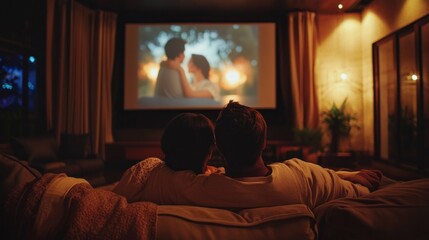 Naklejka na ściany i meble A cozy home theater setting with a couple cuddled up on a couch, watching a romantic movie on a big screen
