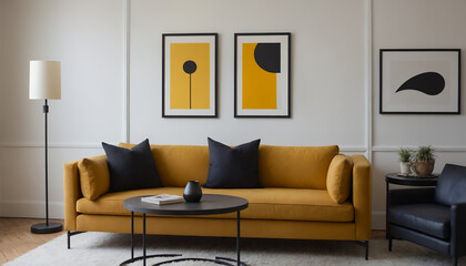 A modern living room with a yellow sofa against a light colour wall featuring poster frames in wooden frame borders 3d illustration template. Empty frame mock-up template.