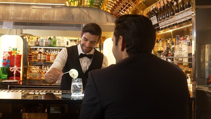 Smart bartender serving drink gin fizz with lemon sliced to VIP guest while waiting friend at luxurious counter bar. Barman providing excellent service at vibrant nightlife party atmosphere. Vinosity.