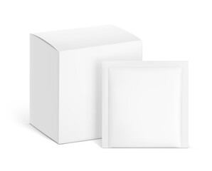 Realistic white closed paperboard box with sachet mockups. Vector illustration isolated on white background. Taking your 2D designs into 3D. Can be use for pharmacy, food, cosmetic and other. EPS10.