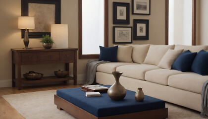 A modern living room with an off-white sofa against a light colour wall featuring poster frames in wooden frame borders 3d illustration template. Empty frame mock-up template.