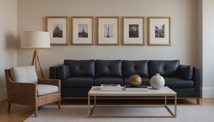 Fototapeta premium A modern living room with a sofa against an off-white colour wall featuring poster frames in wooden frame borders 3d illustration template. Empty frame mock-up template.