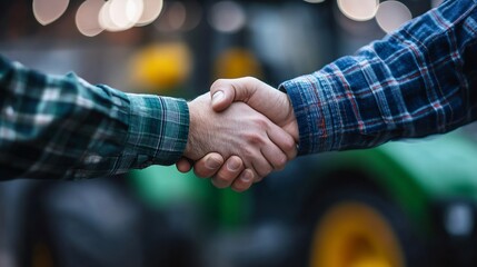 Two farmers shaking hands outdoors near tractors.