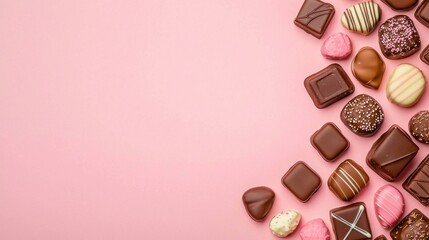 Assortment of Gourmet Handcrafted Chocolates and Bonbons on a Pink Background