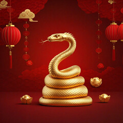 Golden snake celebrating chinese new year with red lanterns and decorations