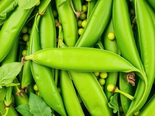 Fresh green peas in an open pod, showcasing the vibrant colors and textures of the peas, healthy, harvest, background