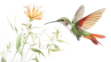 Obraz premium Vibrant Hummingbird in Flight Near Delicate Flower, Showcasing Nature’s Beauty and Intricate Details of Colorful Birds in Tropical Environments