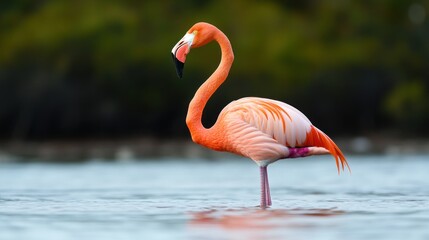 Elegant Flamingo Standing Gracefully in Shallow Water with Beautiful Reflection and Lush Greenery in Background, Capturing the Essence of Nature's Serenity and Vibrancy