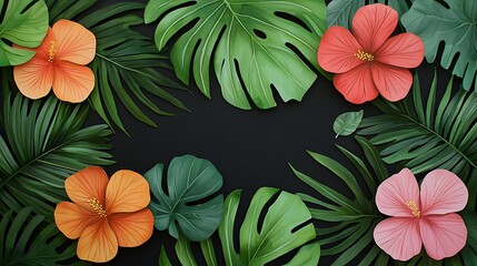 Fototapeta premium Lush Green Palm Leaves and Vibrant Tropical Flowers Creating a Stunning Nature Background for Creative Projects and Artistic Designs