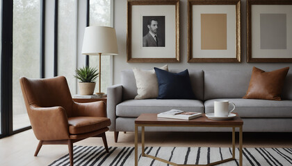 Fototapeta premium A modern living room with a sofa against a light colour wall featuring poster frames in wooden frame borders 3d illustration template. Empty frame mock-up template.