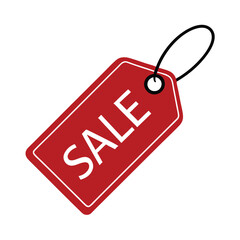 A red tag with a black circle in the middle. The tag is hanging from a string