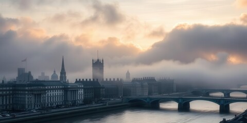 Fototapeta premium Misty sunrise over River Thames with Big Ben and Houses of Parliament in the background, atmospheric, cloudy, architecture