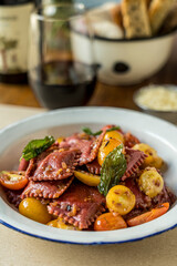 Beetroot ravioli with basil ready to eat
