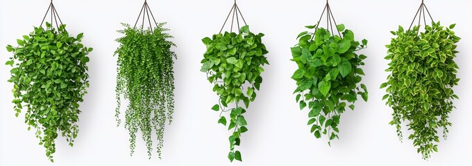Fototapeta premium A lifelike depiction of ivy vines hanging on a wall, available as a PNG with a transparent background. This contemporary illustration showcases Hedera plants with green leaves, ideal for use in home