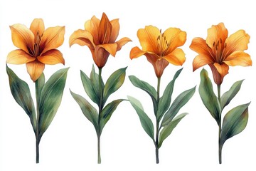 Fototapeta premium A collection of four orange flowers with green leaves, showcasing floral beauty and diversity.