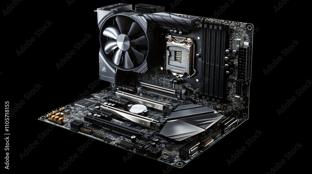 Poster high-performance computer motherboard with cooling fan and cpu socket for gaming and computing appli