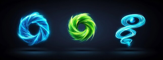 Abstract green spirals intertwined with blue lightning strikes, set against a transparent background. A contemporary realistic depiction of a spiral vortex with neon glows, symbolizing magical power