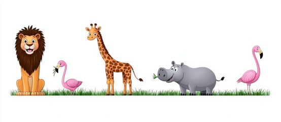 Obraz premium African wild animals from a safari park, zoo, or the savanna in Africa. Adorable illustrations of a hippo, lion, giraffe, baboon, flamingo, and warthog, isolated on a white background, as a modern
