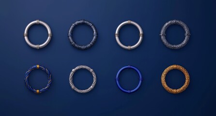 Medieval-style empty circular silver and gold frames for game UI design. A modern cartoon collection of user interface elements featuring thin metal borders and gems, all isolated on a background.