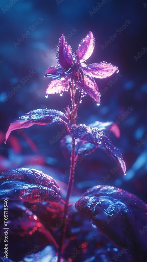 Poster vibrant flower illuminated by soft light in a dewy forest setting during early morning hours