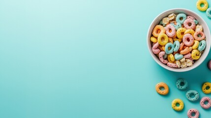 Obraz premium Assortment of Colorful Cereal Rings in a Bowl on Mint Background