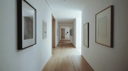 Elegant Minimalist Corridor in a Contemporary Art Gallery with Framed Artwork on the Walls and Soft Natural Light Illuminating the Space