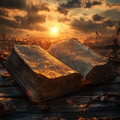 Antique book on wooden table with a dramatic sunset background.