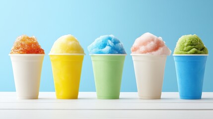 Colorful snow cones in cups, showcasing vibrant flavors against a light blue background, perfect for hot summer days.