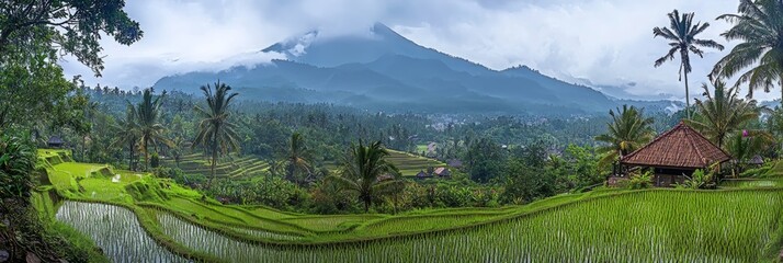 Obraz premium Asia's lush green rice fields are framed by an enchanting travel scenery.