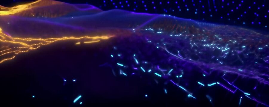 Animation of a flowing neural network, with glowing nodes connecting and disconnecting in a smooth and rhythmic pattern