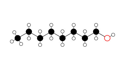 1-octanol molecule, structural chemical formula, ball-and-stick model, isolated image primary alcohol
