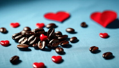 Coffee beans on blue linen tablecloth with red heart. 
