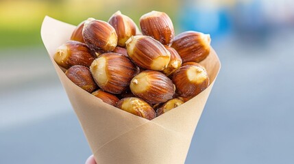 A hand holds a cone filled with roasted chestnuts, showcasing their shiny, brown shells against a blurred outdoor background.