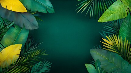 Naklejka premium Lush Watercolor Depiction of Tropical Foliage with Vibrant Green Background for Nature and Botanical Themes