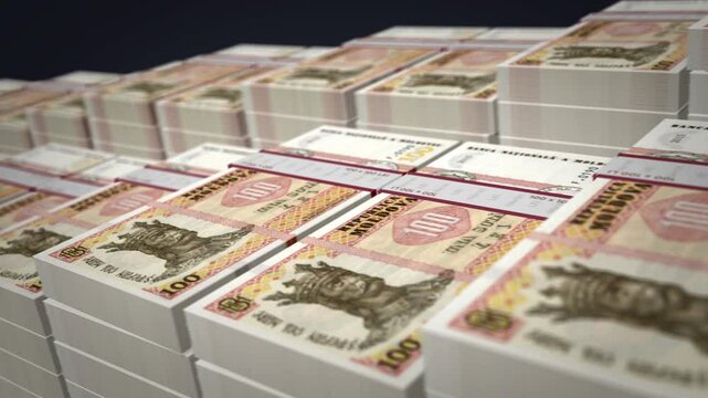 Moldova money Moldavian Lei banknote bundle growth up loop. 100 MDL stacks. Concept of cash pack, banking, travel, business, economy and finance 3d loopable seamless.
