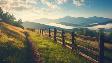 Obraz premium A rustic wooden fence running along a grassy pasture with distant mountains in view