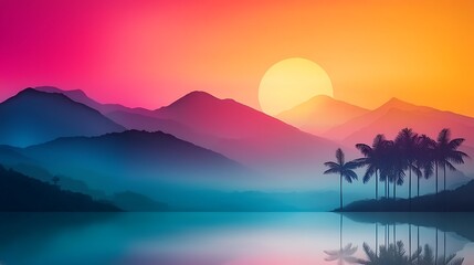 Stunning Depiction of a Tropical Sunset Over Mountains with Silhouetted Palm Trees and Reflections on Calm Water in Vibrant Colors