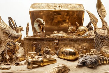 Golden artifacts, open chest, sand, ancient theme.