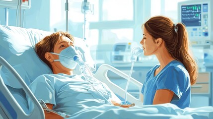 Obraz premium Nurse applying an oxygen mask to patient in bright hospital room, caring atmosphere