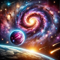 Obraz premium A breathtaking and detailed cosmic scene featuring a vibrant spiral galaxy surrounded by twinkling stars and colorful nebulas