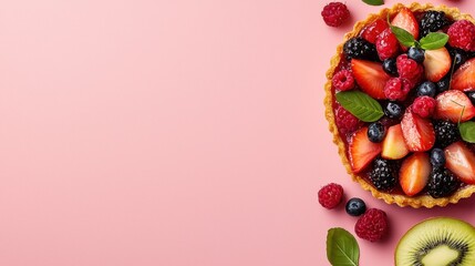 Delectable Fruit Tart with Assorted Berries and Kiwi on Pink Background