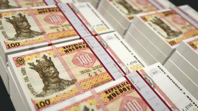 Moldova money Moldavian Lei pack loop 3d animation. Loopable seamless concept of finance, cash, economy, business and bank. Camera moving over 100 MDL banknote bundle stacks.