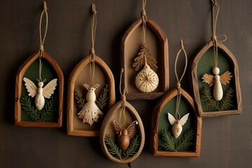 Handmade eco-friendly Christmas decorations made from natural materials like wood, buttons, glass, twine, pine cones,candles, seashells and cinnamon sticks, adding charm to holiday celebrations.