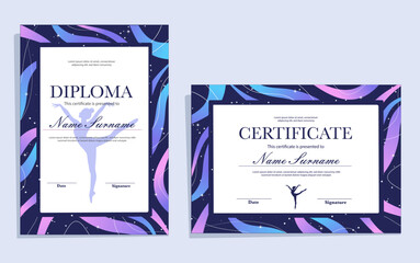 Rhythmic gymnastics sport diploma template. Colorful, bright, shiny certificate with ribbons and stars, pink, purple, blue and black colours, line background. 