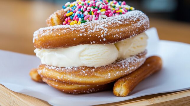 A delicious dessert featuring a donut sandwich filled with ice cream and topped with colorful sprinkles.