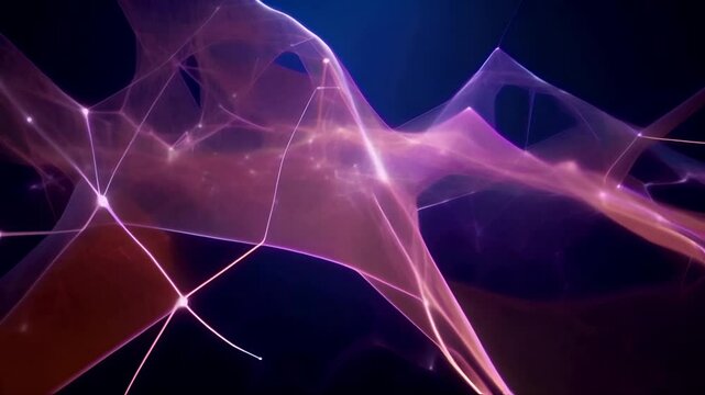 Animation of a flowing neural network, with glowing nodes connecting and disconnecting in a smooth and rhythmic pattern
