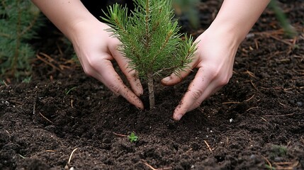 A close-up of hands adding soil around a young tree, symbolizing care and nurturing for future growth. 
