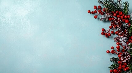 Festive Christmas Wreath with Pine Branches Berries and Pinecones on Mint Green Background