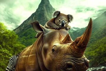 Fototapeta premium Majestic Rhinoceros Amid Lush Tropical Landscape with Towering Mountain